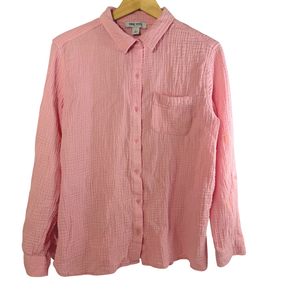 Nine West Womens L Pink Cotton Gauze Button Up Shirt Long Sleeve Beach Boho